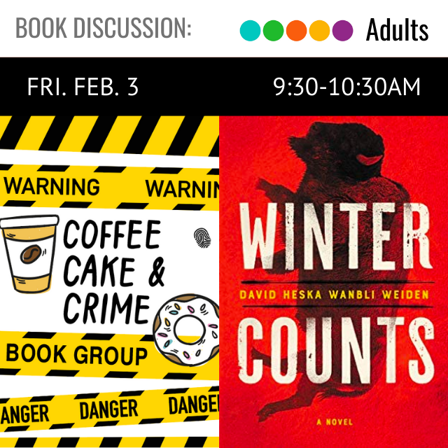 image of a red book cover with white print reading Winter Counts. to the left is a yellow and black design that says Coffee Cake & Crime