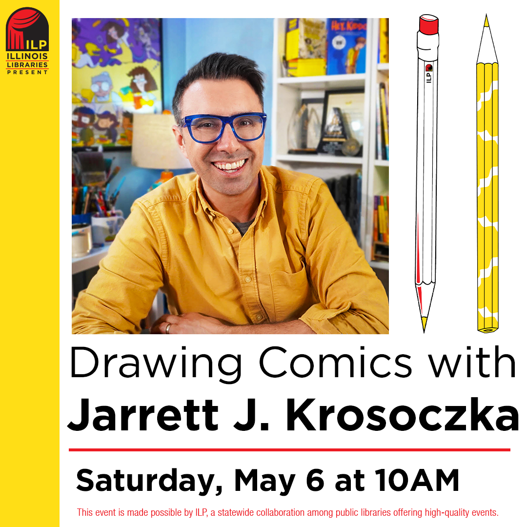 image of artist Jarrett J. Krosoczka in a yellow shirt. text below reads Drawing Comics with Jarrett J. Krosoczka