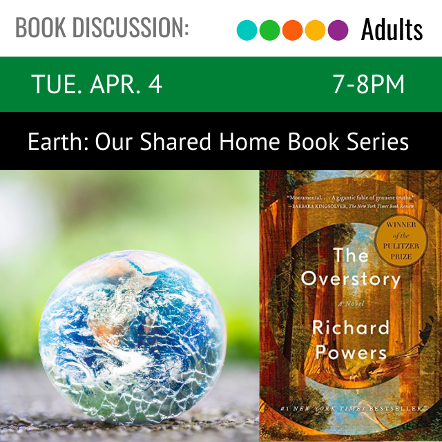 image of the earth. to the right is the book cover with text that read The Overstory A Novel Richard Powers