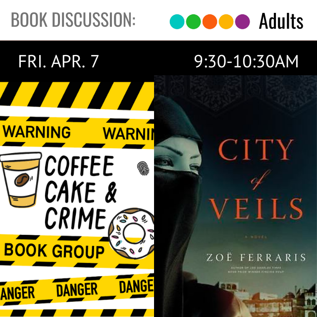 illustrated drawing of black and yellow crime tape with text that reads Coffee Cake & Crime. to the right is the book cover with the title in read that read City of Veils