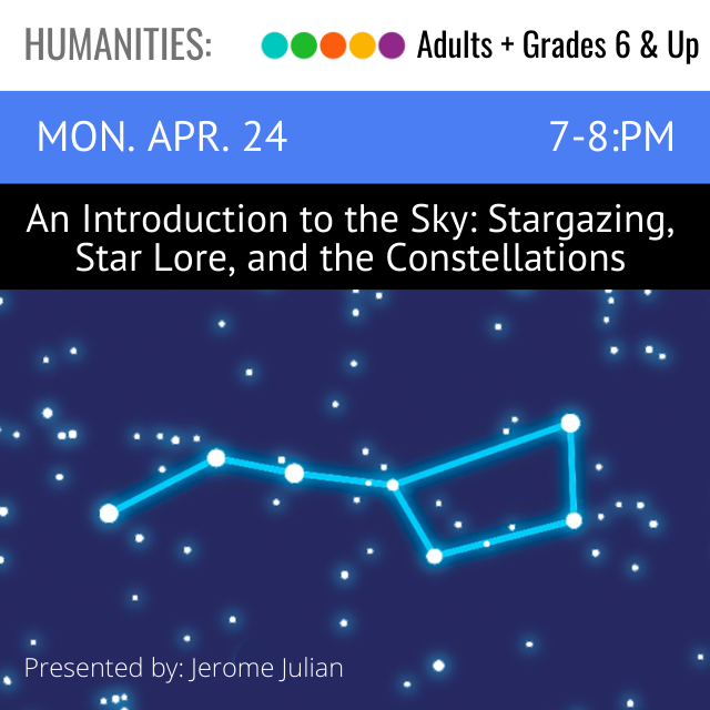 text reads An Introduction to the Sky: Stargazing, Star Lore, and the Constellations. below is an image of night sky with stars and a blue line connecting to form the Big Dipper constellation