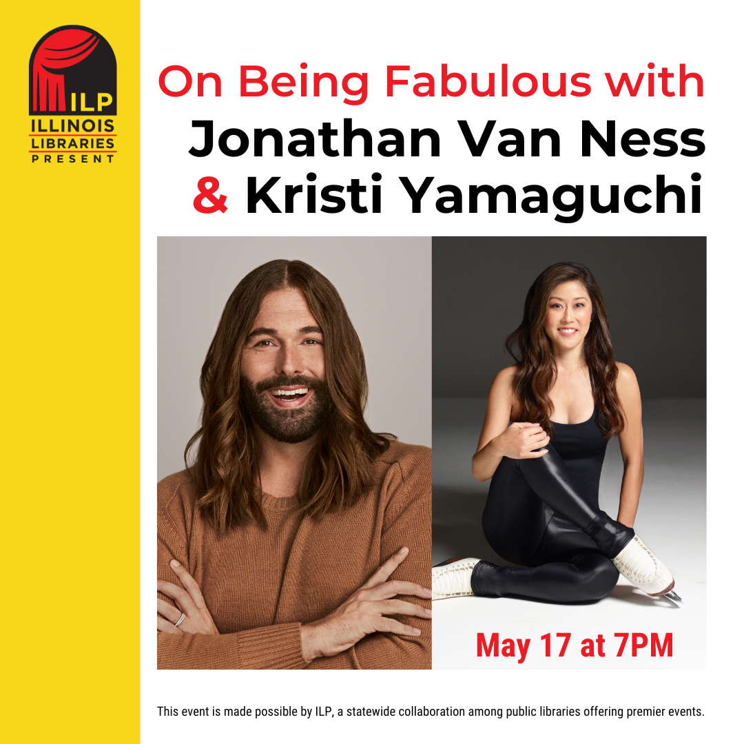 text reads On Being Fabulous with Jonathan Van Ness and Kristi Yamaguchi. below is an photograph of Jonathan Van Ness and a photograph of Kristi Yamaguchi