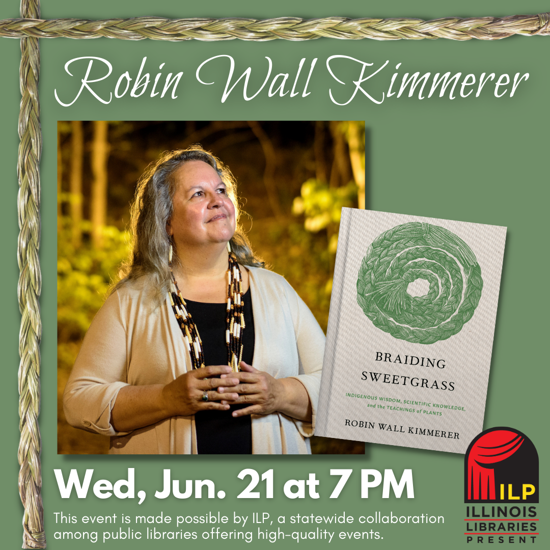 text reads Robin Wall Kimmerer. below is image of the author and book cover