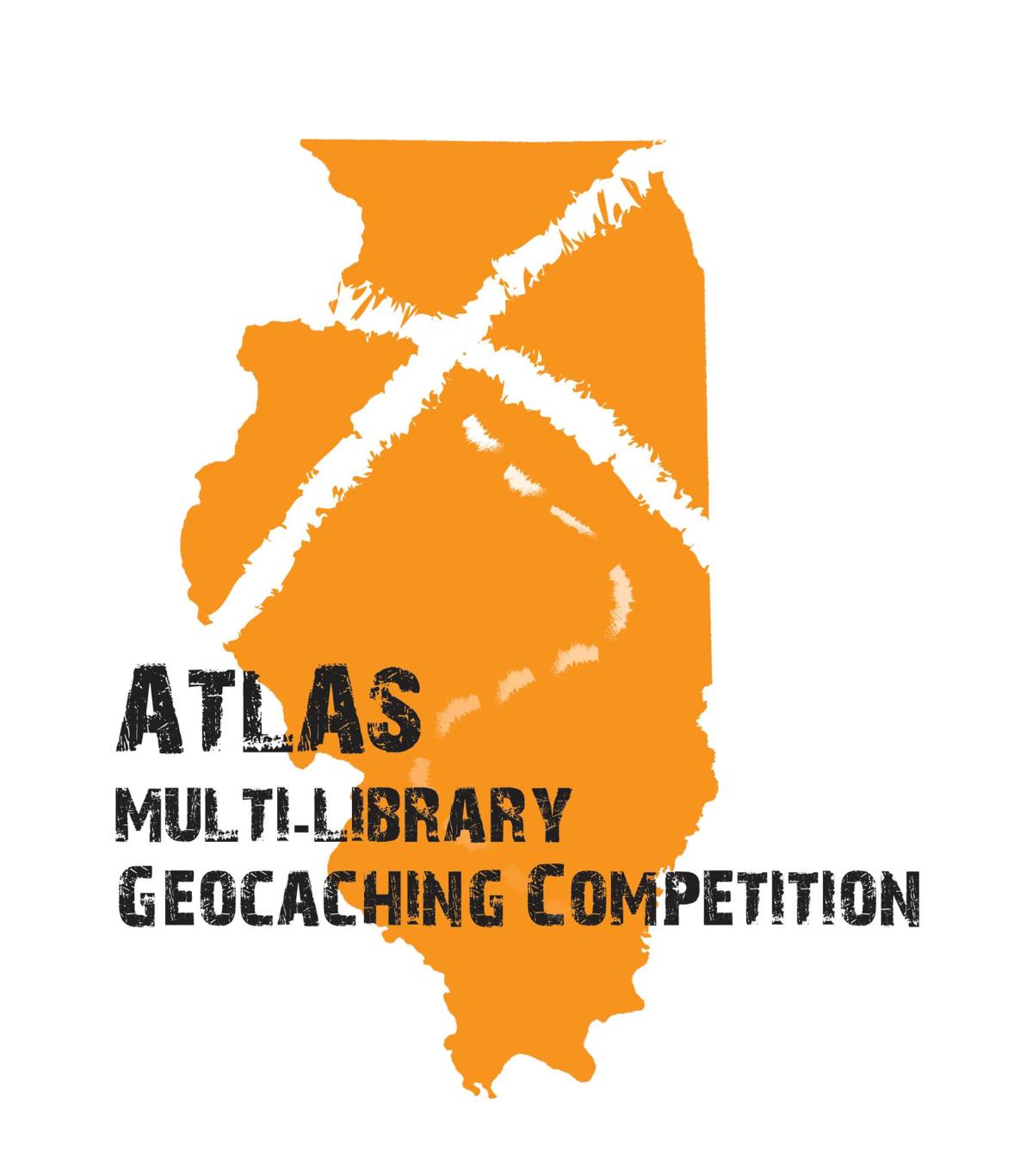 Image of the state of Illinois with the words ATLAS Multi-Library Geocaching Competition