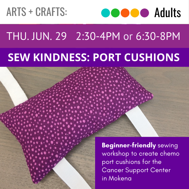 text reads thu jun 29 2:30-4pm or 6:30-8pm Sew kindness: Port Cushions. below is an image of purple cushion with two white straps. 