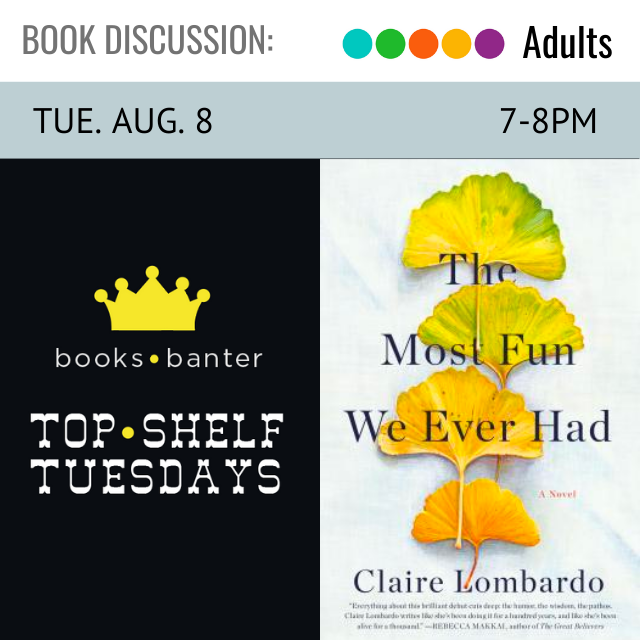 text in white on black background reads Top Shelf Tuesday. to the left is an image of the book cover with four overlapping ginko leaves in shades of yellow, green, and orange with overlaying text in black that reads The Most Fun We Ever Had