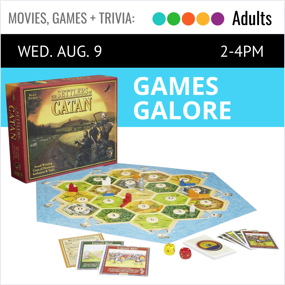 text in white on a teal colored background reads Games Galore. image of the board game Settlers of Catan