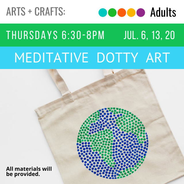 text reads Meditative Dotty Art. below is an image of the earth painted on a plain tote bag