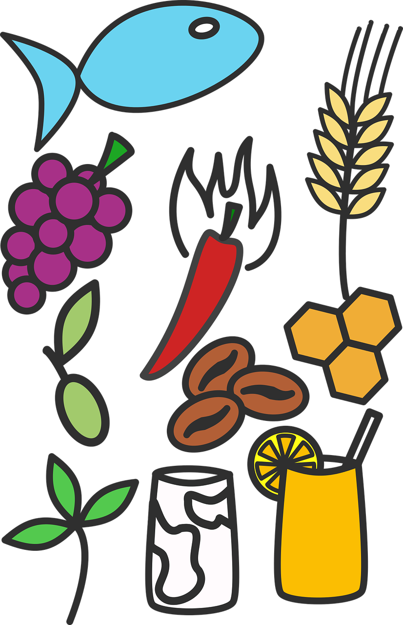 illustration of foods: fish, grains, fruit, drink, beans