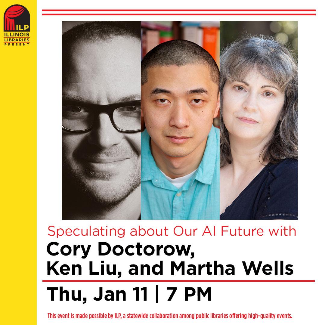 photo collage of three authors, Cory Doctorow, Ken Liu, and Marth Wells