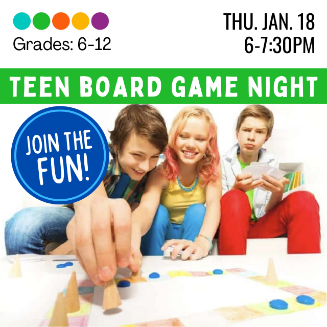 Three caucasian teen in background play board game in foreground.