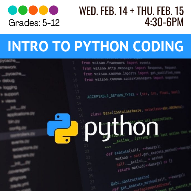 Python coding logo in blue and yellow in front of an image of computer code on a black screen.