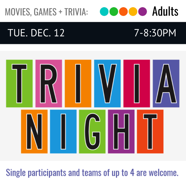 each letter of the words Trivia Night is set against a different colored square