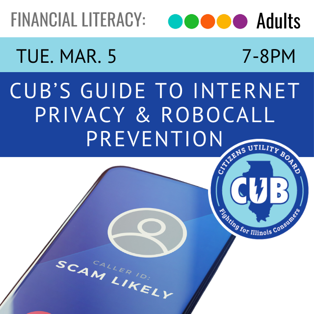 white text on a blue background reads CUB's Guide Internet Privacy & Robocall Prevention