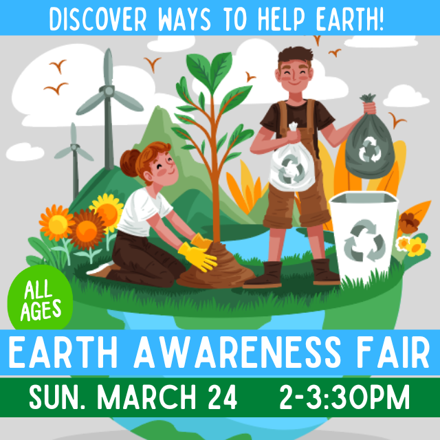 Cartoon image showing Earth as a half circle. Female person planting a tree on top of the 1/2 circle;. man standing with recycle bags. Tree, water, birds, clouds and wind turbines in the background.