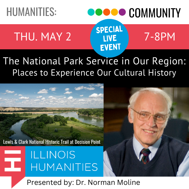 photograph rivers and trees. to the right is a photograph of Dr. Norman Moline, wearing glasses, a tie, and a sweater vest