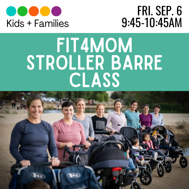 Kids and Families. Fit4Mom Stroller Barre Class. Fri Sep 6 9:45a.m. -10:45 a.m. Line of moms with strollers outside.