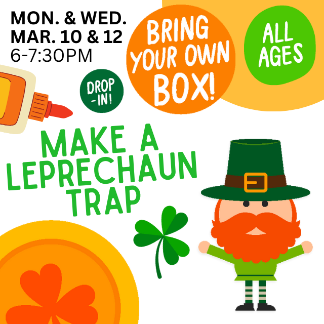 Leprechaun next to a shamrock, alongside graphics of a gold coin and glue bottle.