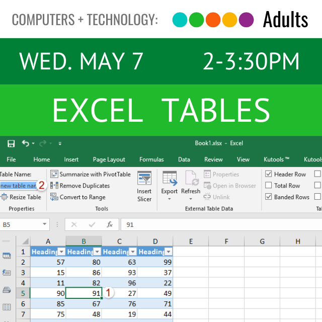 Wed. May 7. 1-3:30pm. Excel Tables