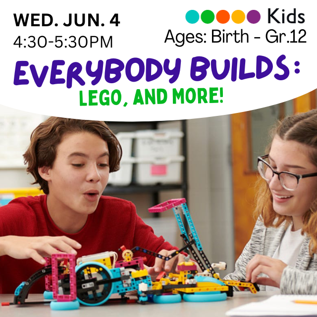 Two kids building with blocks and program name, date and time