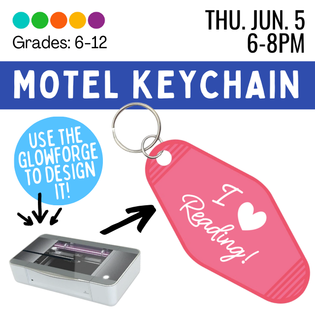 Picture of a keychain and Glowforge with program name, date and time