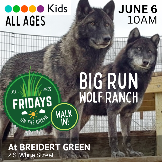 Two dark grey wolves, Fridays on the Green Logo, program name, date and time