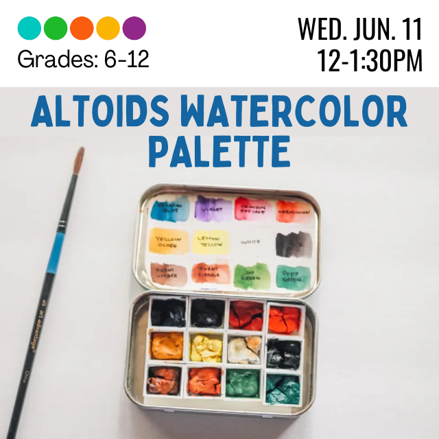 Watercolor paint in a metal tin with a paintbrush. Includes program name, date and time.