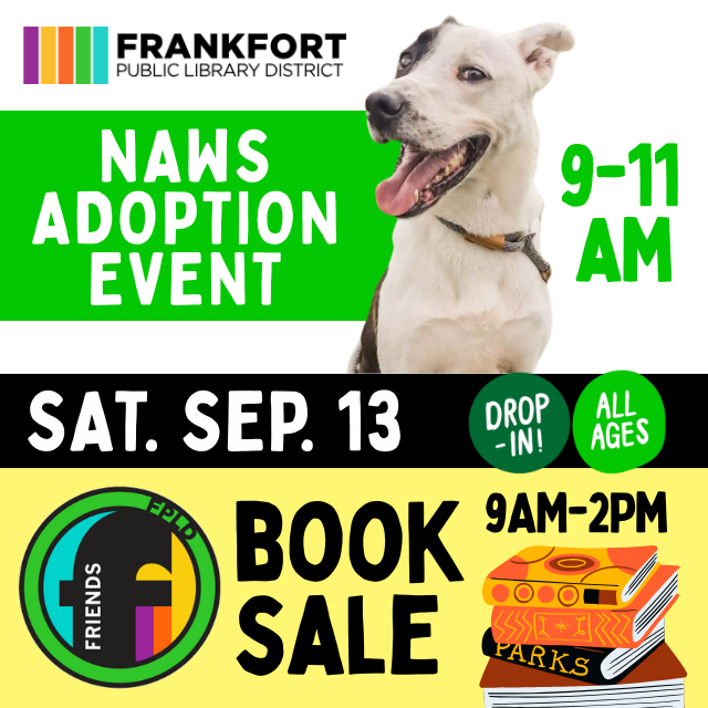 NAWS Adoption Event 9-11am. Sat. Sep. 13. Book Sale 9am-2pm