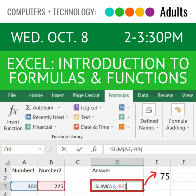 Computers and Technology. Adults. Wed. Oct, 8 2-3:30pm Excel: Introduction to Formulas & Functions