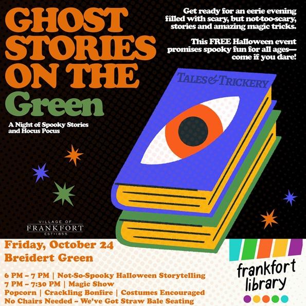 Books with eyes on them, text: Ghost Stories on the Green with date, time and location