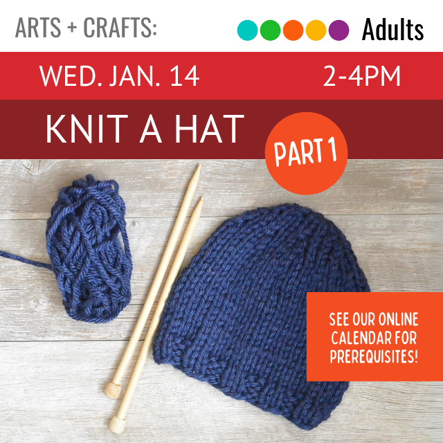 A skein of blue yarn, two knitting needles, and a blue knitted hat.