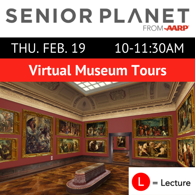 A museum gallery room with large-scale paintings covering the walls.